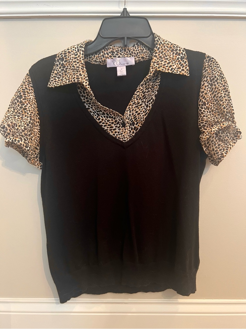 Nine & Co. Black Top with Leopard Print Collar and Sleeves